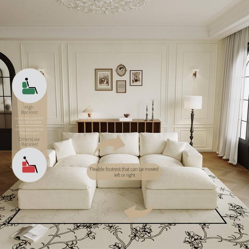 108.26" Corduroy Upholstered Sectional Sofa with Flexible Ottoman