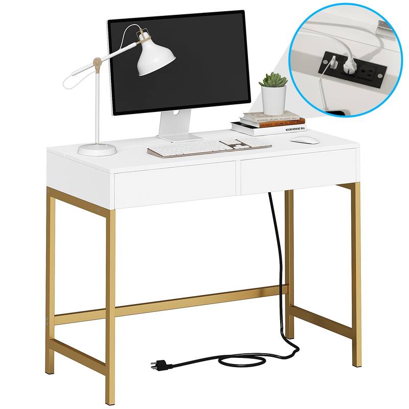 40" Charging Station Desk with 2 Outlets & 2 USB Ports - 2-Drawer Computer/Vanity Desk for Office or Bedroom