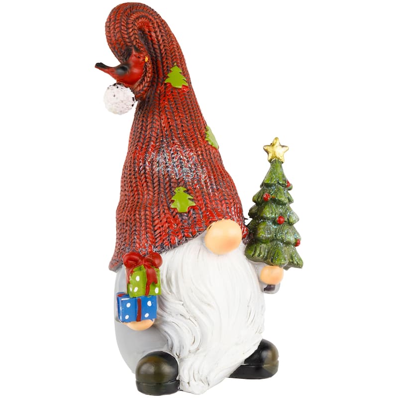Gnome with Cardinal Holding Christmas Tree Decoration - 9"
