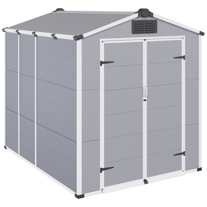 EROMMY Outdoor Storage Shed with Built-In Floor, Lockable Double Doors & Sloped Roof, Gray/Black