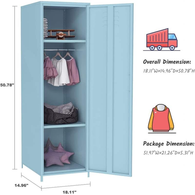 Metal Armoires Locker Cabinet for Kid with Hanging Rod and Shelves - Blue