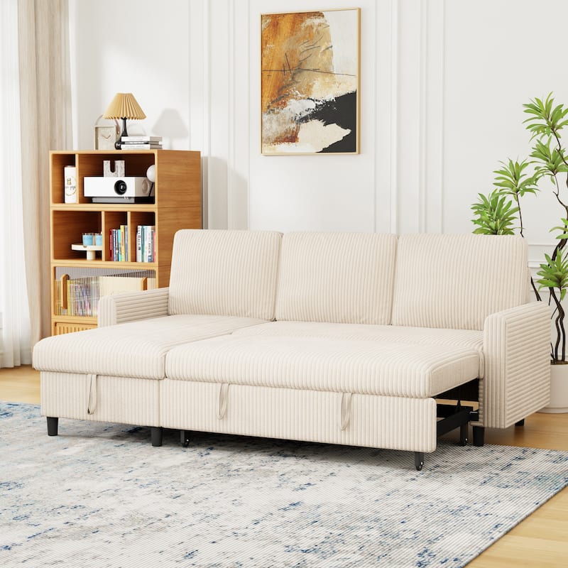 Futzca Convertible Corduroy Sofa Bed with Storage, L-Shaped Sectional Couch