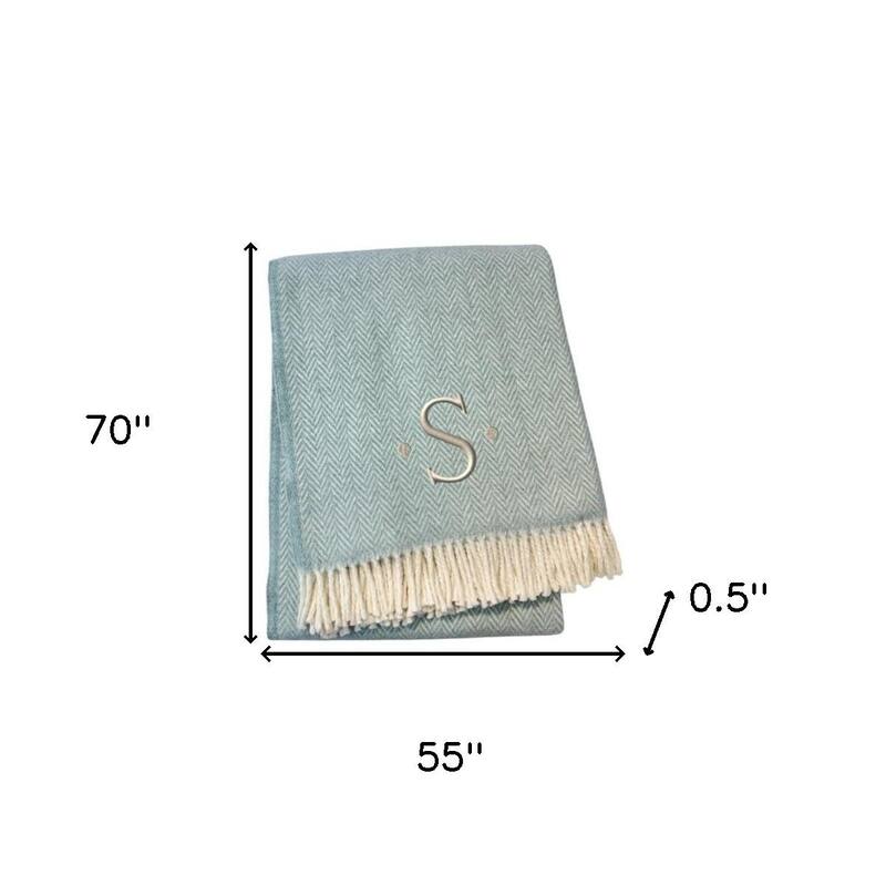 55" X 70" Sky Blue And White Herringbone Cotton Blend S Initial Throw Blanket with Tassels And Embroidery