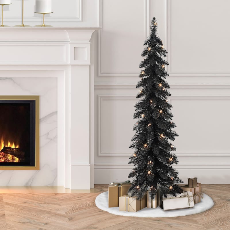 Puleo International 4 ft Pre-Lit Black Artificial Alpine Pencil Tree - Black