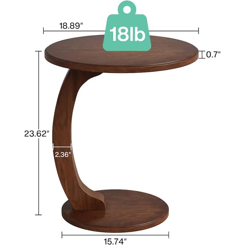 Solid Wood Round End Table Mid Century C-Shaped Side Table for Living Room & Bedroom