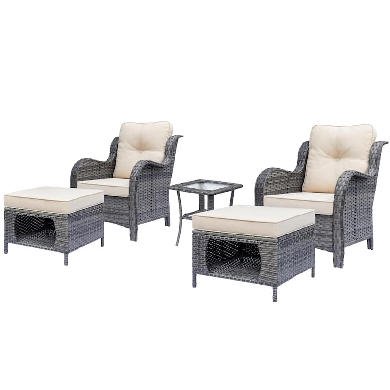 5 Piece Outdoor Wicker Patio Conversation Chair with Ottoman Set