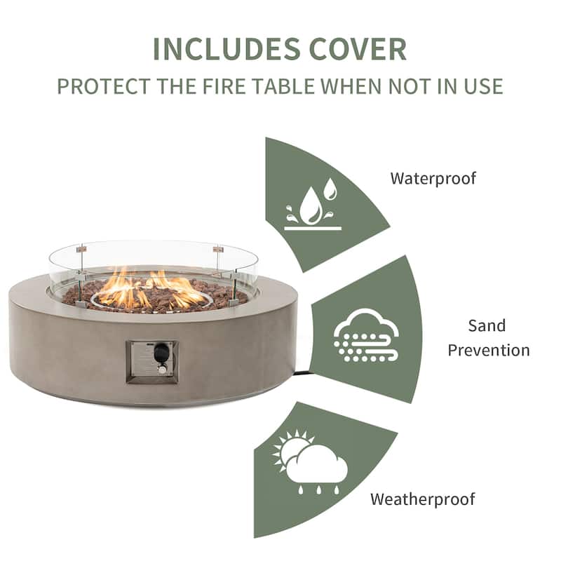 COSIEST Ecru Round Outdoor Propane Fire Pit with Wind Guard