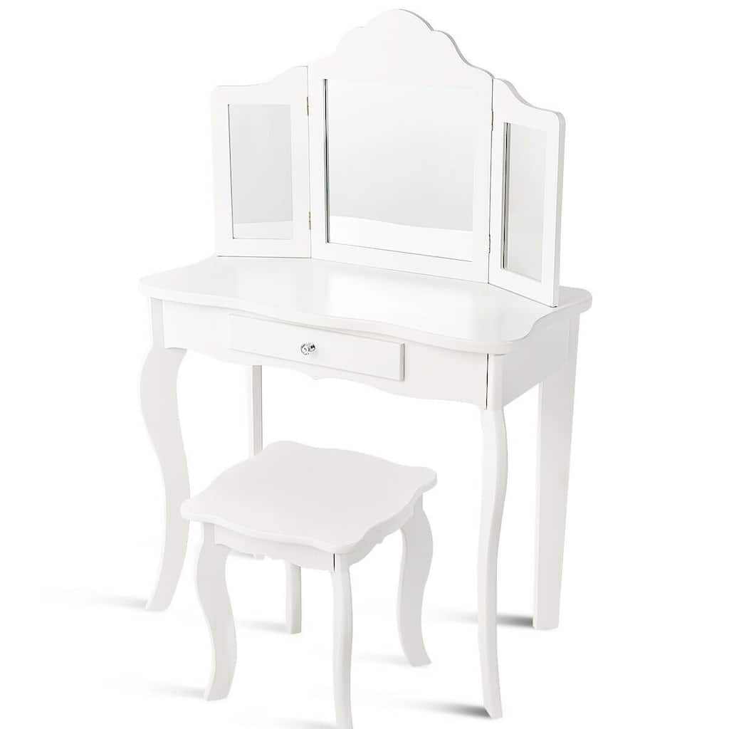 Kids Makeup Dressing Mirror Vanity Table Stool Set - 27.5" x 13.5" x 41" (L x W x H)