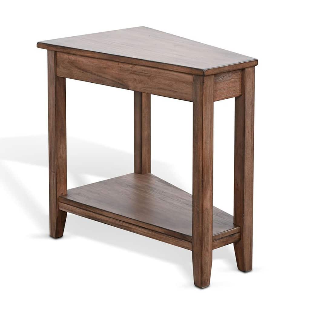 Yael Side End Table, 24 Inch Wedge Top with Open Shelf, Natural Brown