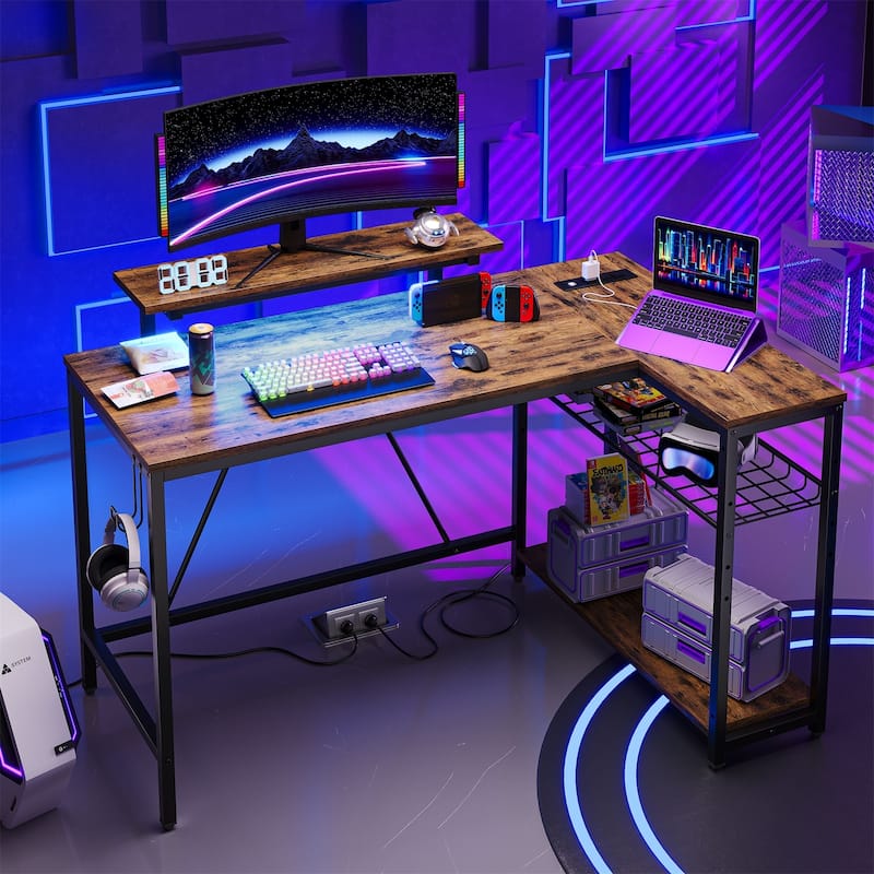 48inch L shaped computer desk with power outlet , Led Gaming desk with Monitor stand