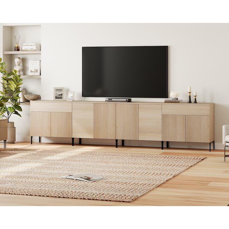 126" Long Modern Reeded Dresser TV Stand With Adjustable Sheves, Entertainment Center With Drawers