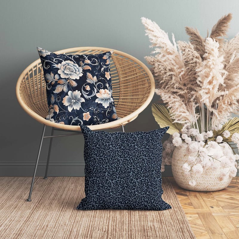 Curled Floral Vines Indoor/Outdoor Reversible Throw Pillow Blue and Peach