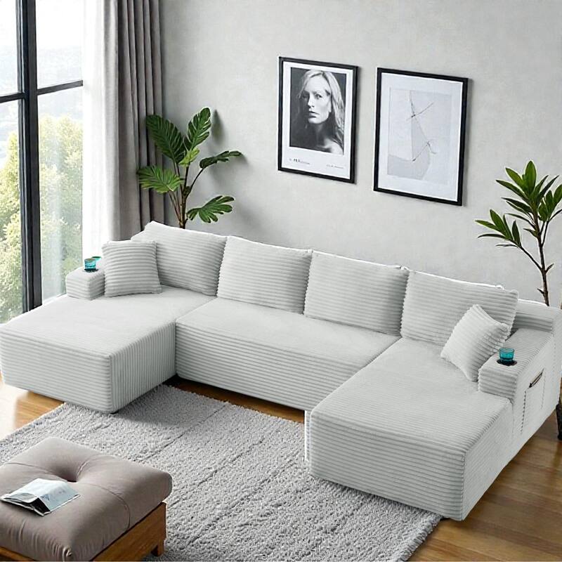 Compressible U-Shaped Modular Sectional Sofa, Corduroy Cloud Couch, 6-Seat Minimalist Living Room Sofa - Light Grey