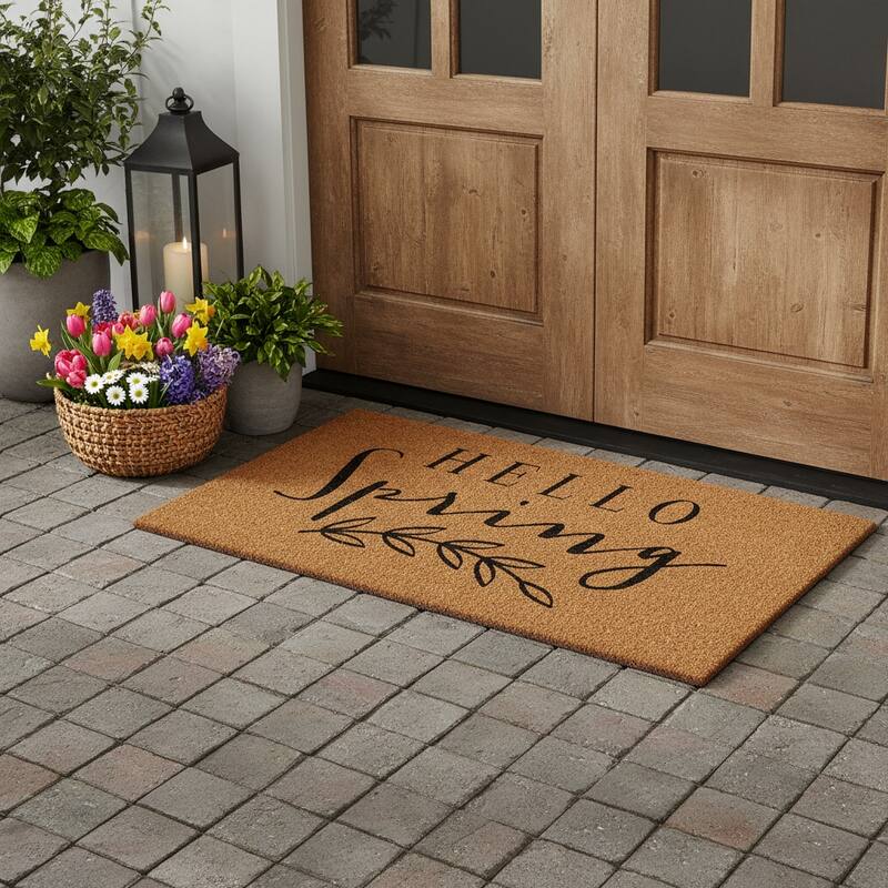 HomeRoots 30" X 48" Brown And Black Hello Spring Outdoor Coir Door Mat - 30.00' X '48.00 - 30.00' X '48.00