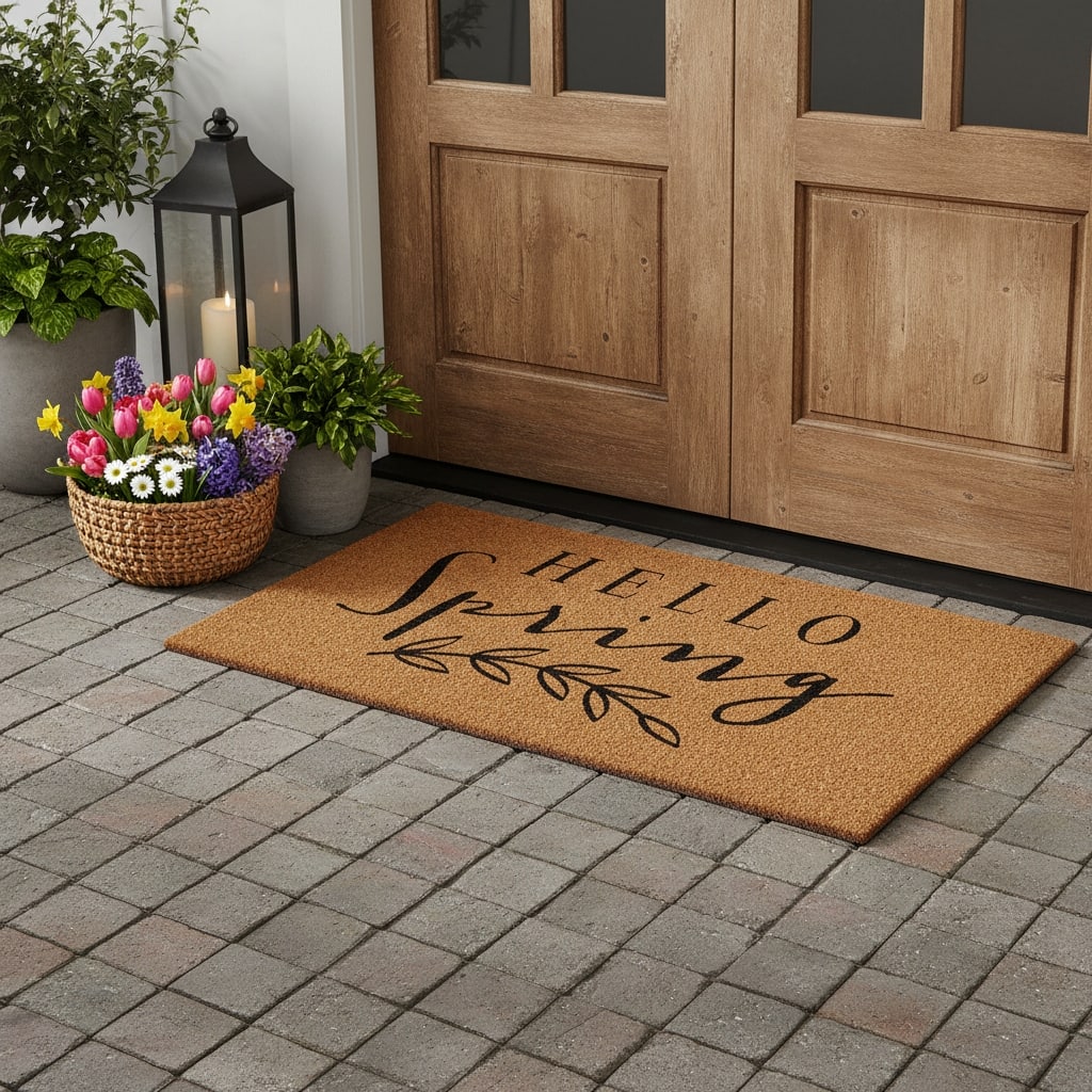 HomeRoots 30" X 48" Brown And Black Hello Spring Outdoor Coir Door Mat - 30.00' X '48.00