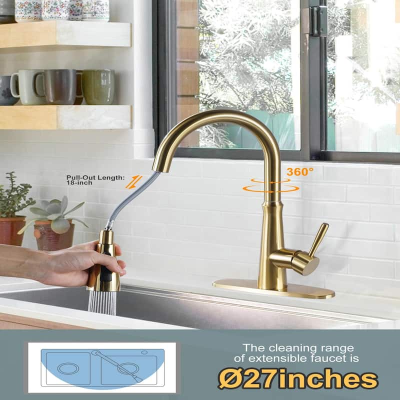 WOWOW Single Handle 3-Mode Pull Out Sprayer Kitchen Faucet