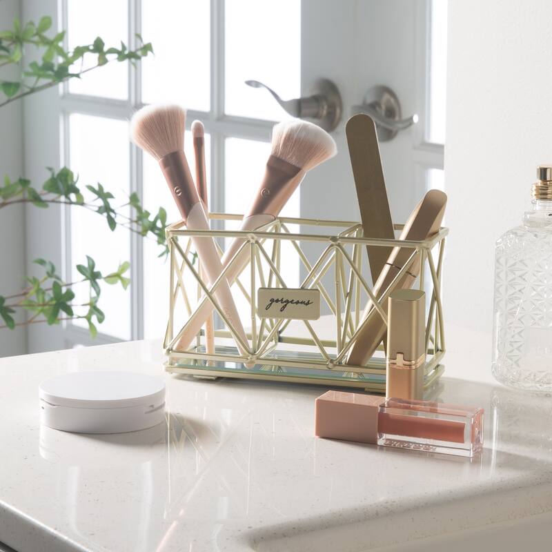 Home Details 3 Compartment Cosmetic Brush Pencil Holder in Satin Gold - 7"x 2.5"x 3.75"