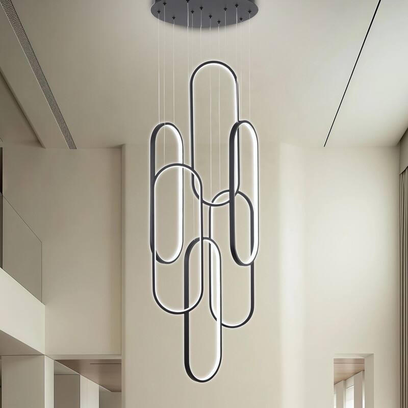 6 Rings Modern Chandelier Dimmable LED Living Room Foyer Chandelier Lighting Fixture High Ceiling Pendant Light Fixture - Black - 23.62in