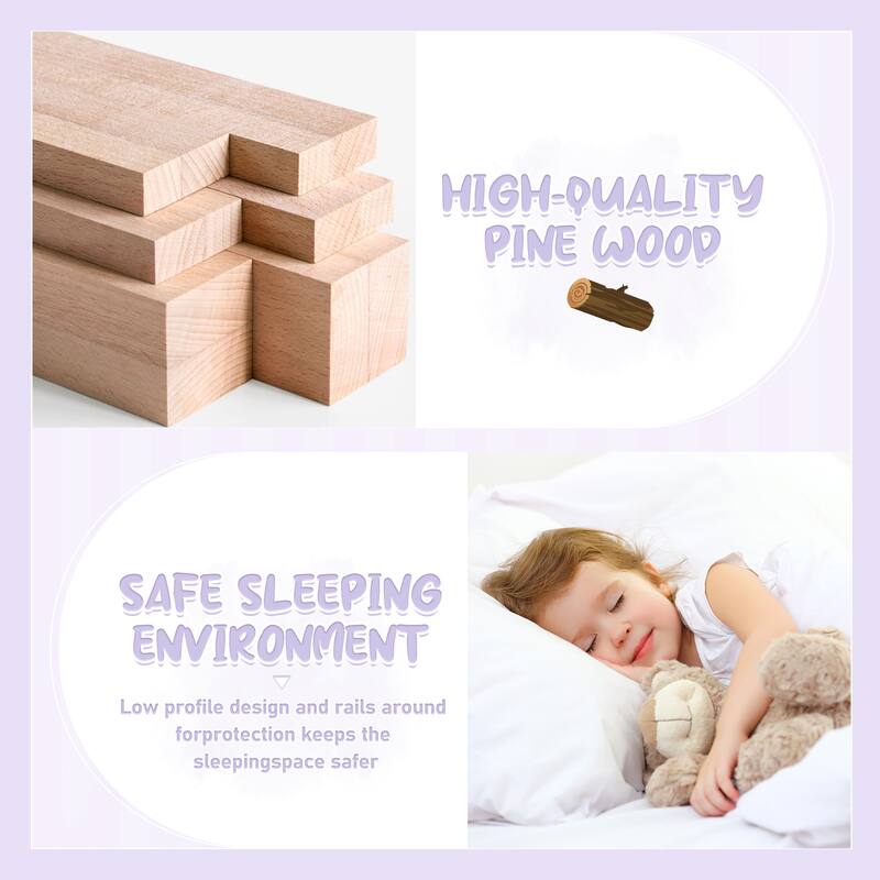 Pine Wood Floor Bed with Safety Guardrails and Door for Kids, Boys, Girls, Bedroom