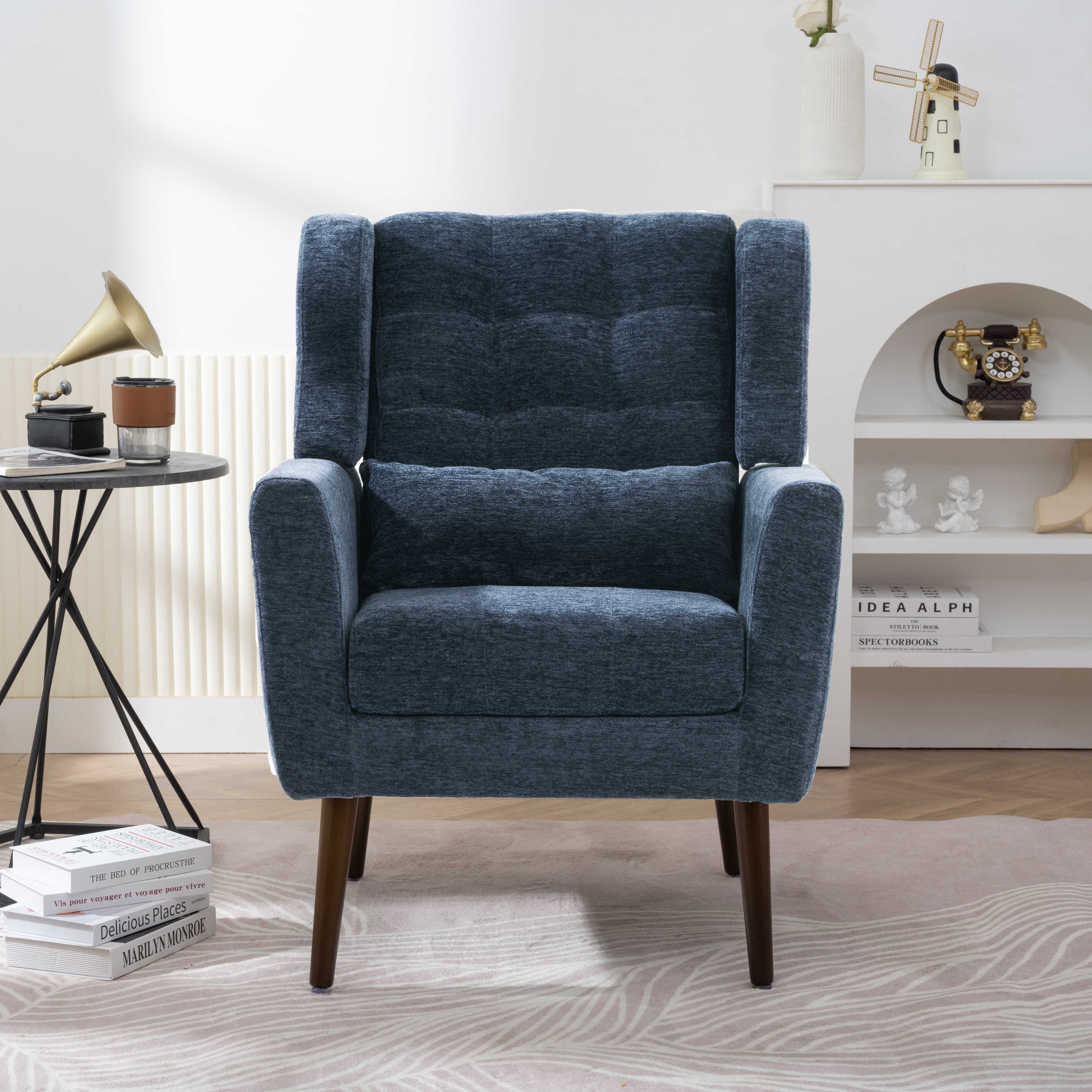 Modern Chenille Accent Armchair, Upholstered Chair with Pillow & Solid Wood Legs