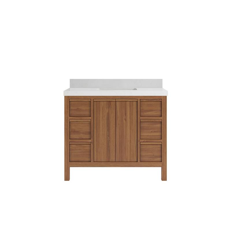 Willow Collections 42 in. W x 22 in. D Elizabeth Solid Teak Single Sink Bathroom Vanity with Countertop - 2”Carrara Quartz - Dark Natural