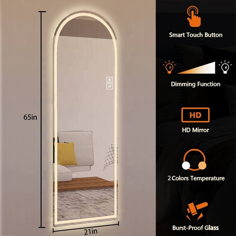 65" x 21" Arch Design LED Full Length Mirror ,Dimmable, High Definition & Explosion-Proof, Full-Length Standing or Wall-Mounted