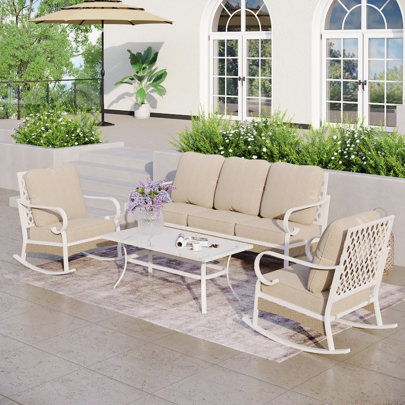 MAISON ARTS 5-Seat Patio Furniture Set, 2 x Cushioned Metal Chair, 1 x 3-Seat Sofa with Marbling Coffee Table