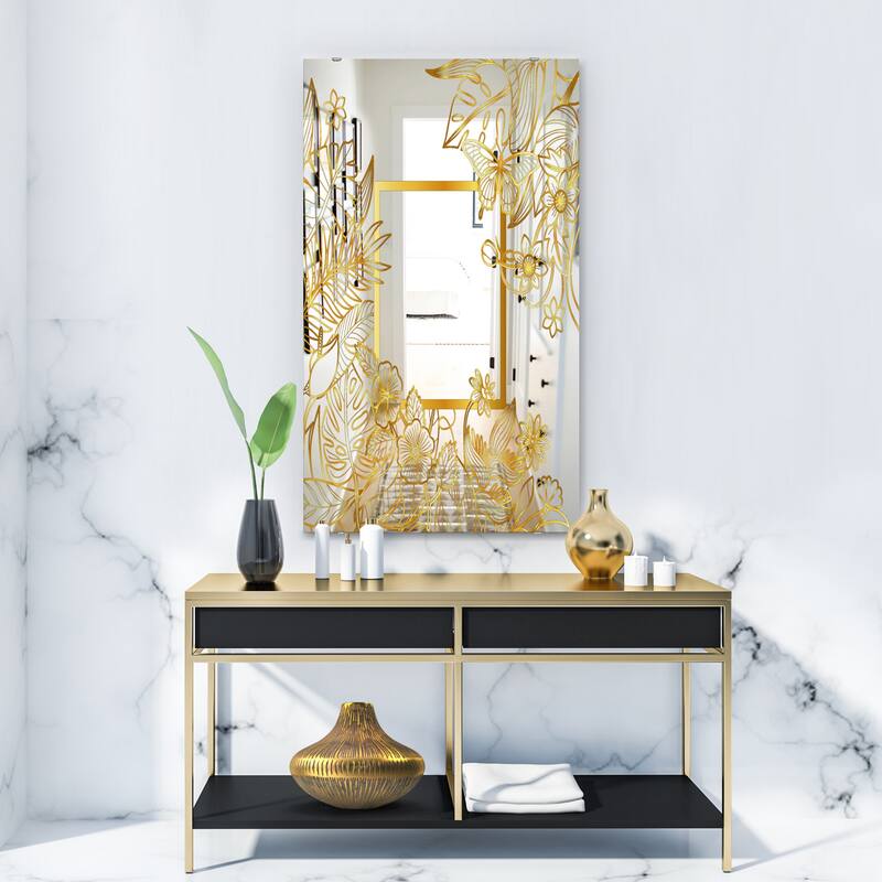 Designart 'Capital Gold Botanical Bliss 5' Glam Mirror - Modern Accent Printed Mirror