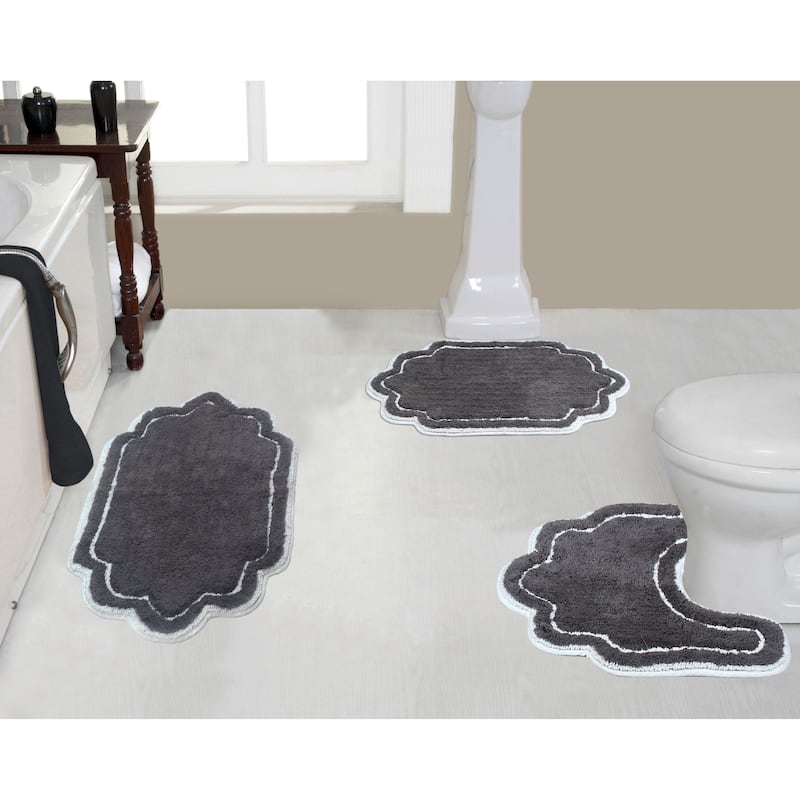 Allure Collection 100% Cotton Non-Slip Bathroom Rug Set, 3 Piece Machine Washable- Bathroom Rug, Bath Rug, U Shaped Contour - Dark Grey