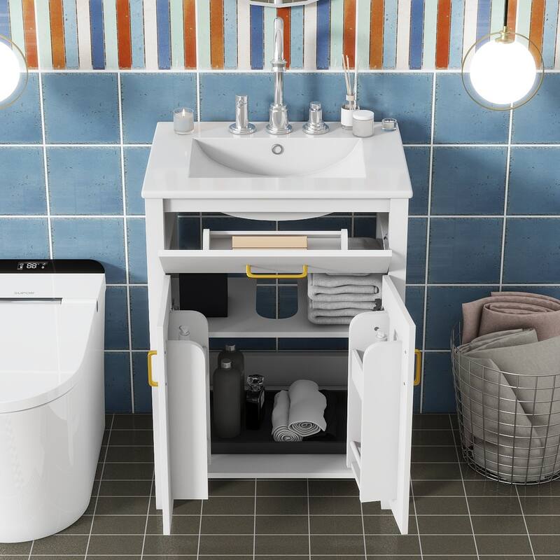 Luxurious 24-Inch Bathroom Vanity with Undermount Ceramic Sink, MDF Cabinet, Golden Handles & Adjustable Shelf