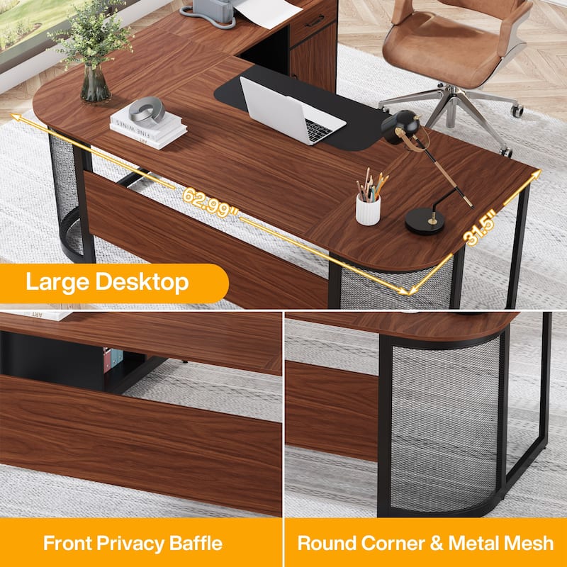 Large 63" L-Shaped Executive Office Desk with 31” File Cabinet
