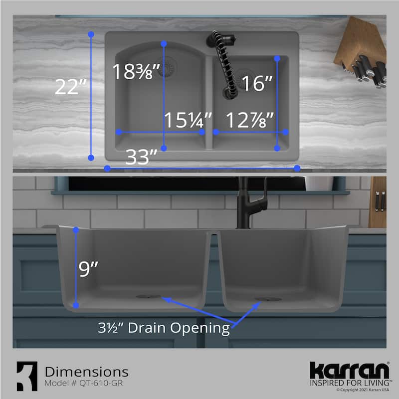 Top Mount 33-inch Large/Small Bowl Quartz Kitchen Sink - 33" x 22" x 9"