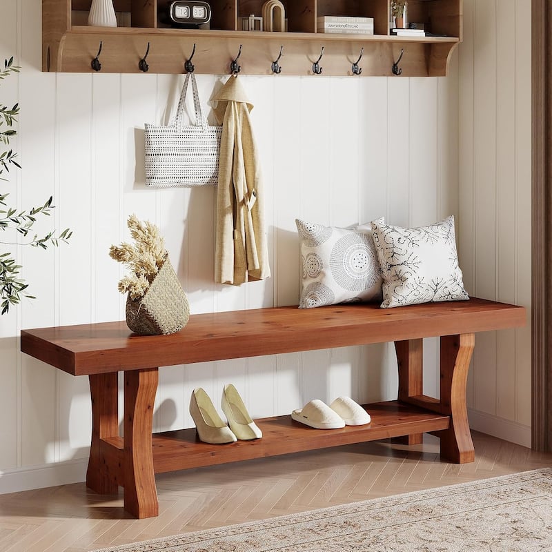 Solid Wood Entryway Bench, 55" End of Bed Bench, Long Indoor Dining Seat - 55.1" W x 13.8" D x 17.7" H - Red Brown