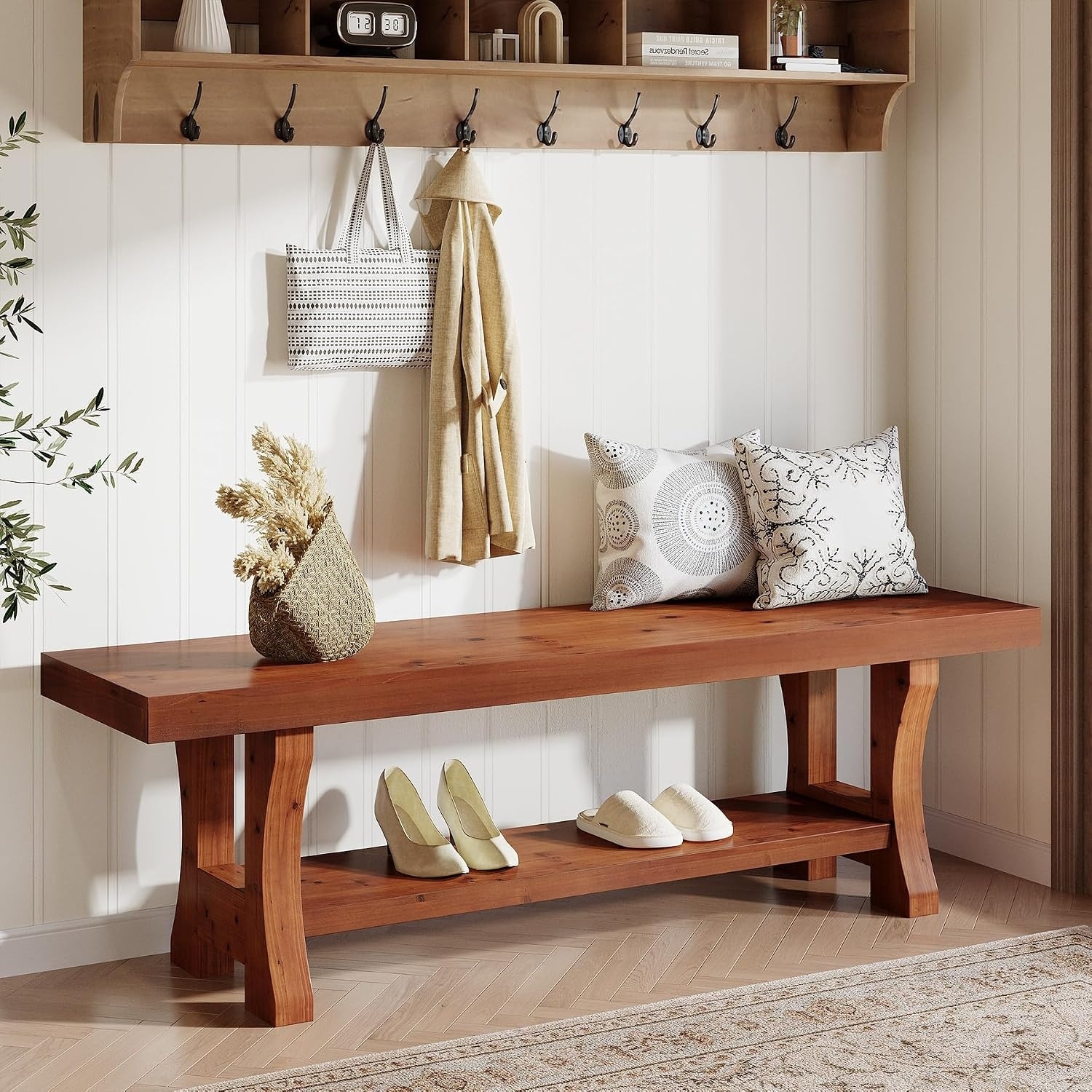 Solid Wood Entryway Bench, 55" End of Bed Bench, Long Indoor Dining Seat - 55.1" W x 13.8" D x 17.7" H