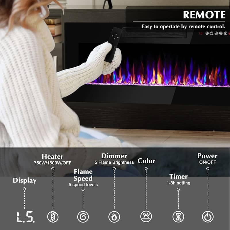 Bossin 70" Fireplace TV Stand with 36" Electric Fireplace, TV Stand for TVs Up to 80", 16 Colors LED Lights/Entertainment Center