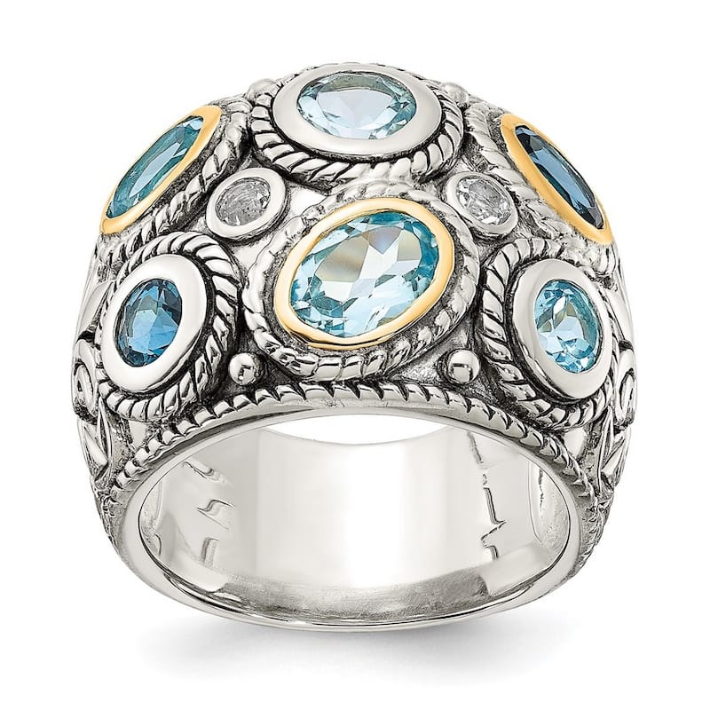 Curata 925 Sterling Silver 14k Gold Blue Topaz Wide Vintage Band Ring