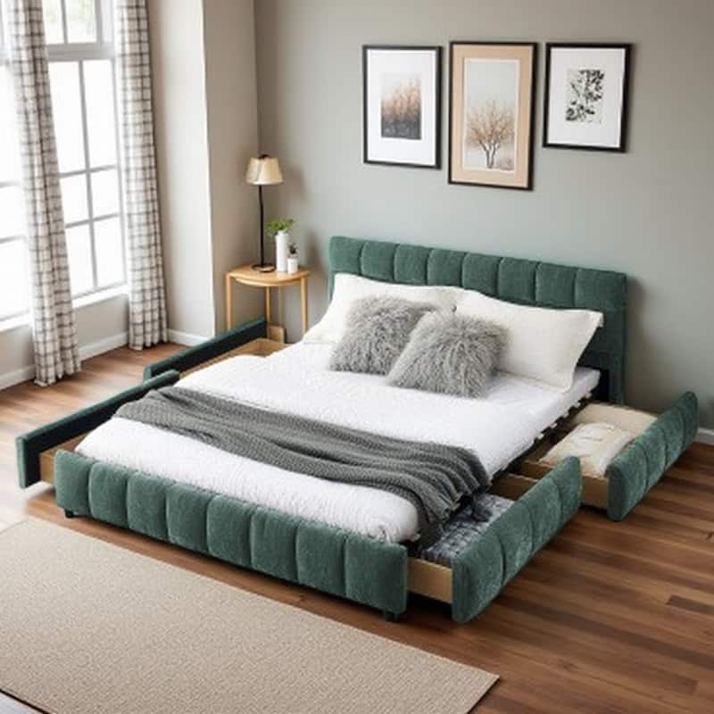 Queen Size Upholstered Bed with Storage Drawers, Soft Chenille Fabric Frame, Modern Platform Bed with Headboard - Blue+Green