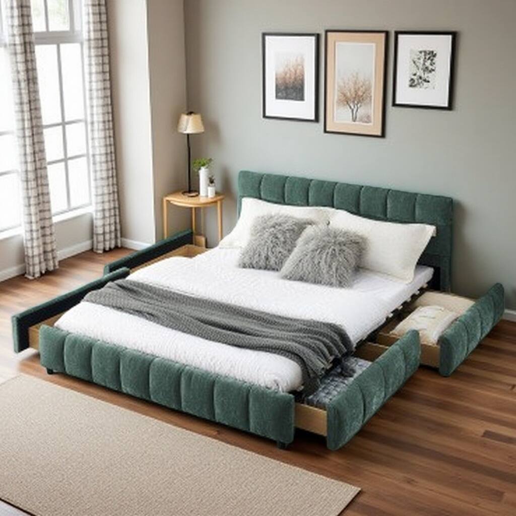 Queen Size Upholstered Bed with Storage Drawers, Soft Chenille Fabric Frame, Modern Platform Bed with Headboard