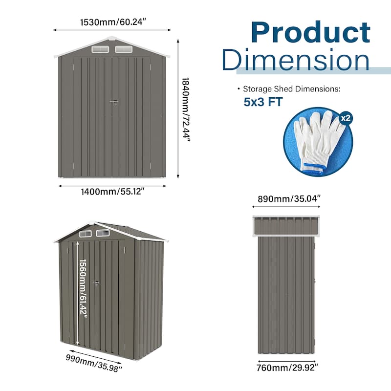 5X3 FT Metal Outdoor Storage Shed with Peaked Roof Waterproof - 5X3FT
