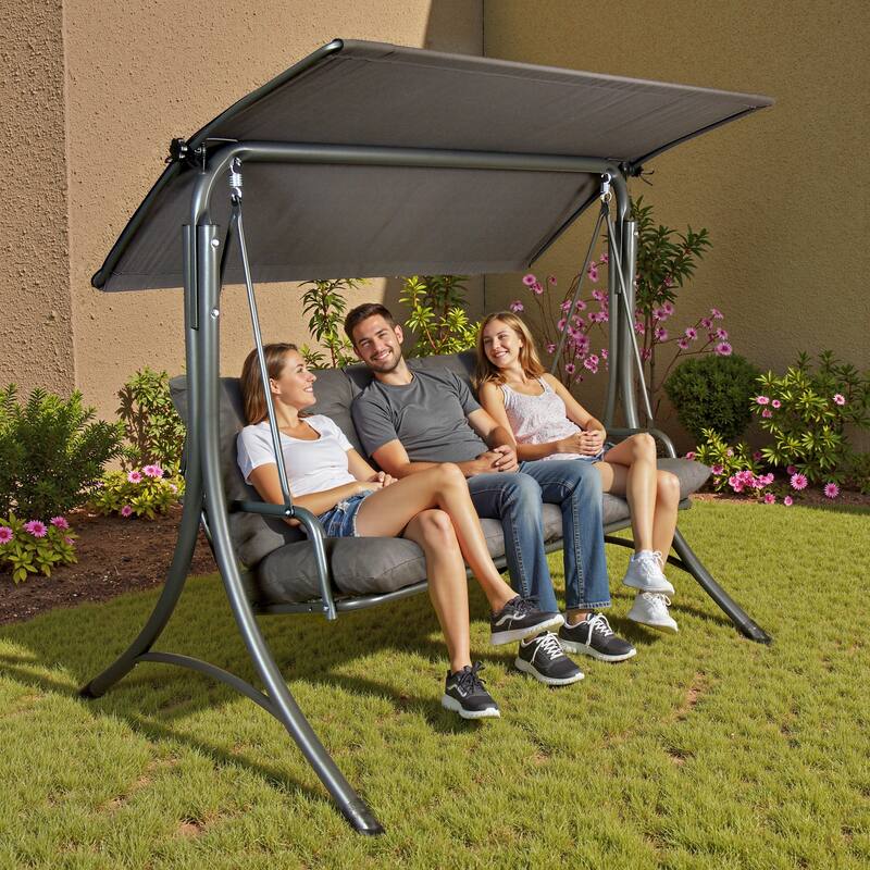 SUNJOY 3 Seat Deluxe Patio Swing Steel Frame, Adjustable Canopy Cushions Made in Italy