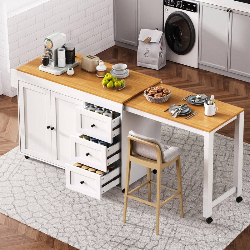 74.8" Kitchen Island with Extendable Dining Table, Rolling Kitchen Storage Cart with 3 Drawers, Power Out and Spice Rack