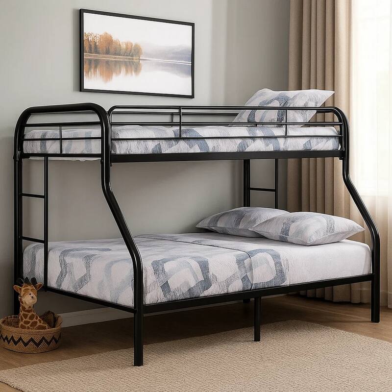 Fegy Twin over Full Bunk Bed with Ladder and Rails, Black Metal Frame