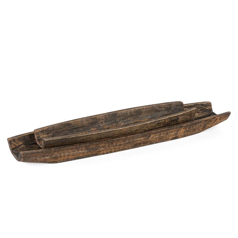 HomeRoots Set of Two Dark Brown Solid Wood Boat Vanity Trays - 36.00 in. x 3.25 in. x 7.00 in.