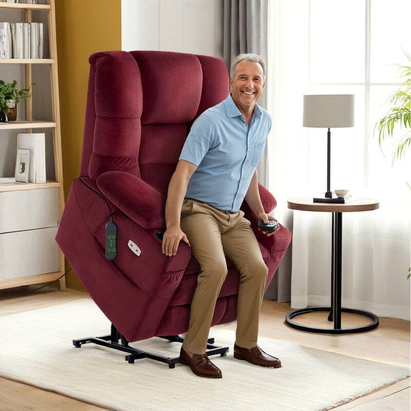 MCombo Large Dual Motor Power Lift Recliner Chair with Massage and Dual Heating for Big and Tall Elderly People, Fabric 7634 - Burgundy