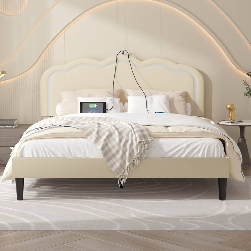 VECELO Upholstered Bed Frame with Headboard Adjustable,LED Lights, USB-A & Type-C,Velvet Platform Bed No Box Spring Needed
