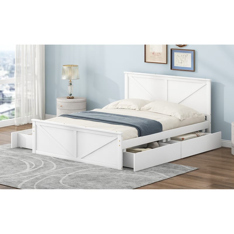 Queen/King Size Wooden Platform Bed with 4 Storage Drawers and Support Legs, Modern Bed Frame with Headboard and Footboard