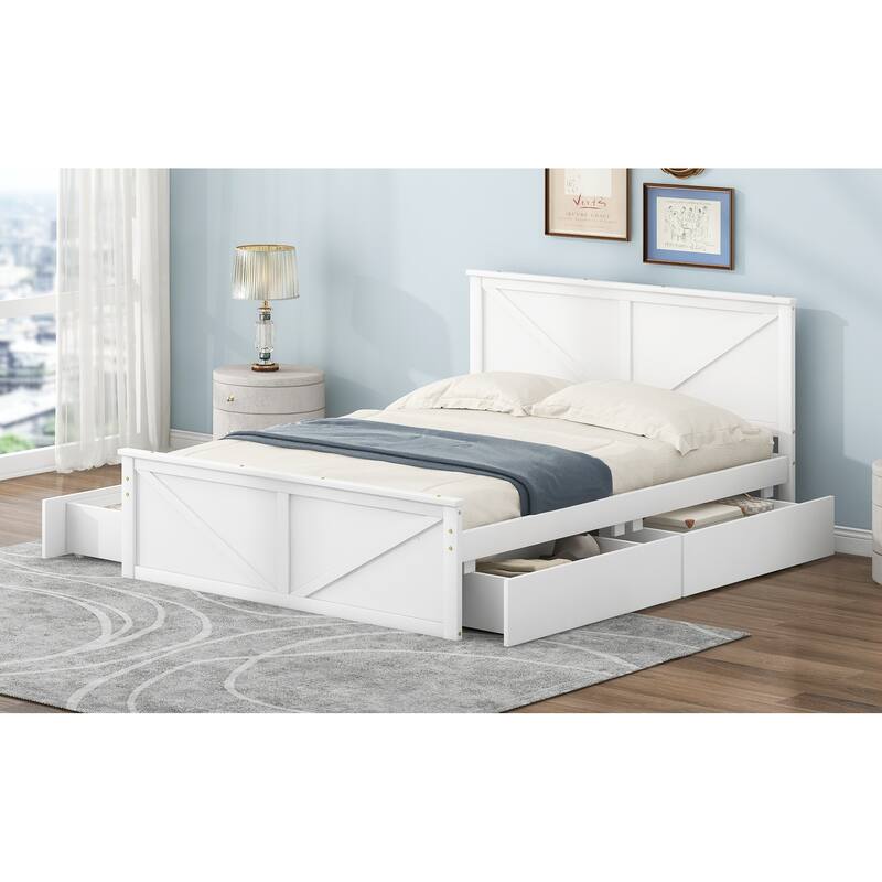 Queen Size Wooden Platform Bed with Four Storage Drawers and Support Legs