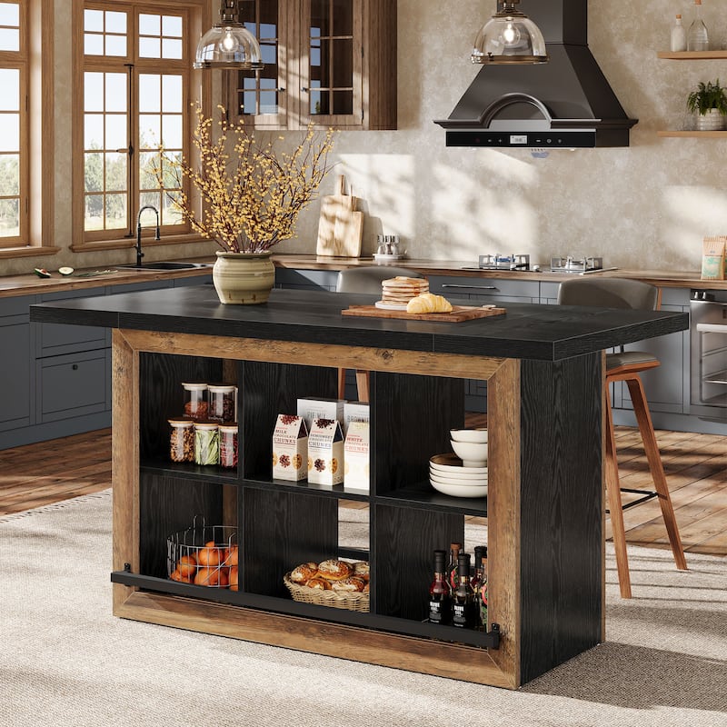 Kitchen Island with Storage, Counter Height Kitchen Island Table - Portable - Black Brown - Wood