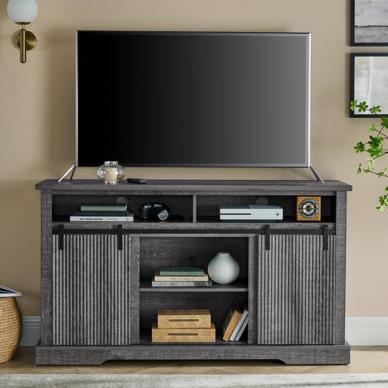 Rustic Sliding Barn Door TV Stand with Upper Lower Storage Shelf and Adjustable Shelves for Living Room - Grey