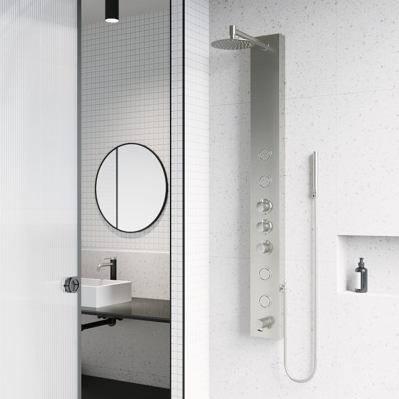 VIGO Bowery 59" H x 6" W 4-Jet Shower Panel with Round Shower Head and Tub Filler - Stainless Steel